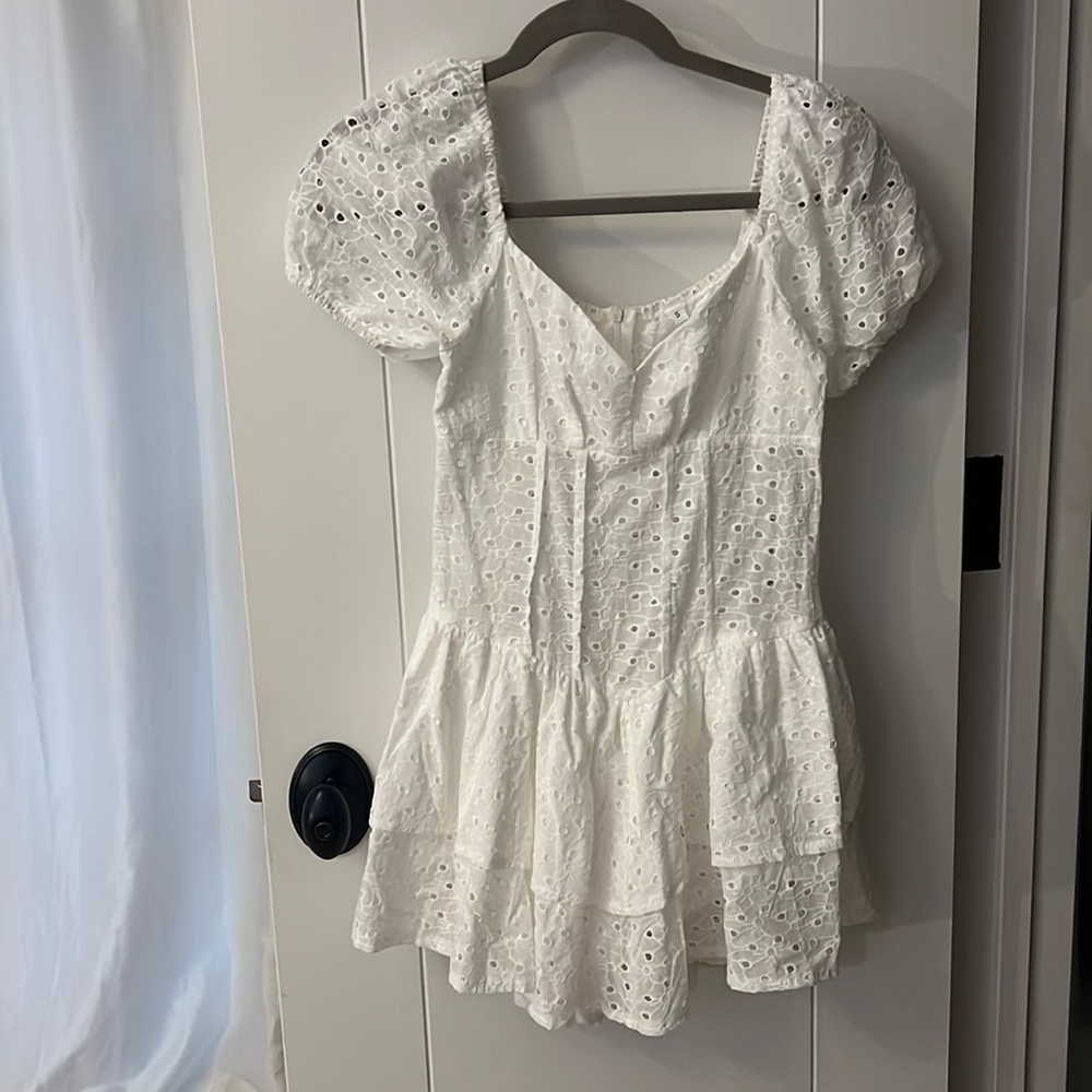 White Puff Sleeve Mini Ruffle Dress